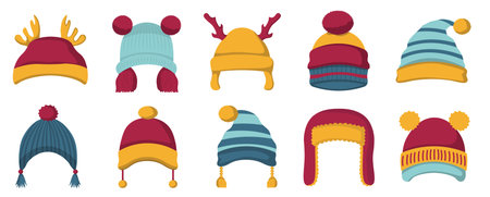 Sport ski snowboarding hats collection, set of autumn or winter cap, knit hat vector illustration, isolated on white backgroundのイラスト素材