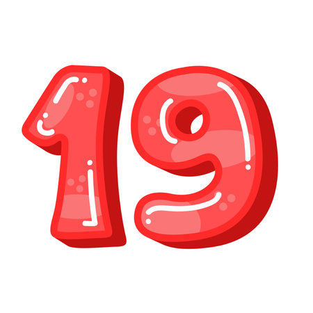 Cute number 19 symbol, red color number nineteen vector illustration, isolated on whiteのイラスト素材