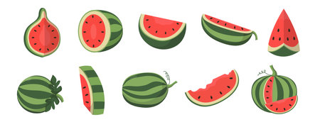 Watermelon icon set, red watermelon vector illustration isolated on white background, whole and sliced ââwatermelon fruit piecesのイラスト素材