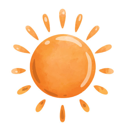 Yellow sun illustration in hand drawn watercolor style, hot summer weather design elements, isolated on white background, sun clip art vectorのイラスト素材