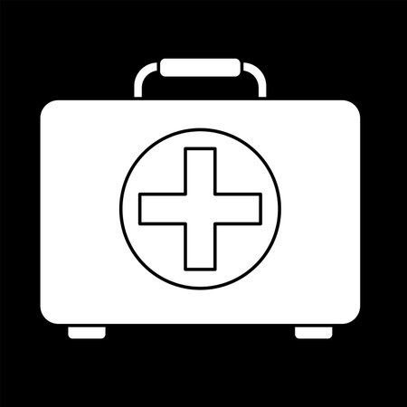 First aid kit bag icon vector illustration, emergency medicine box clip art, medical briefcase clipart image, white on black backgroundのイラスト素材