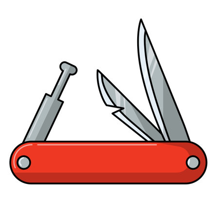 Multi tool pocket knife vector illustration, red folding knife clip art, pocket knife flat icon, multifunctional pocket knife portable camping toolのイラスト素材