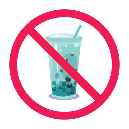 Forbidden sign with drink icon, no drinks allowed sign, blue bubble tea prohibition sign, flat icon design vector illustrationのイラスト素材