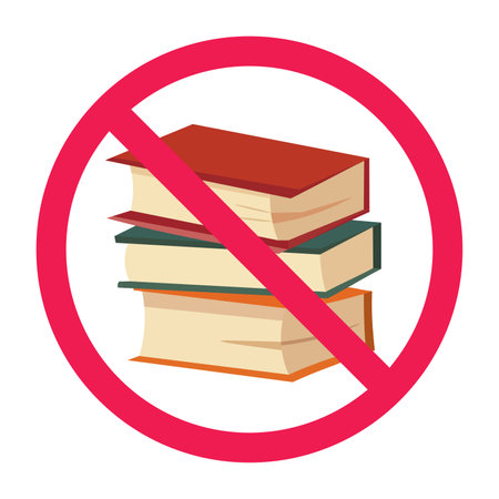 Forbidden sign with books icon, no books allowed sign, no reading sign, book prohibition sign, no study symbolのイラスト素材