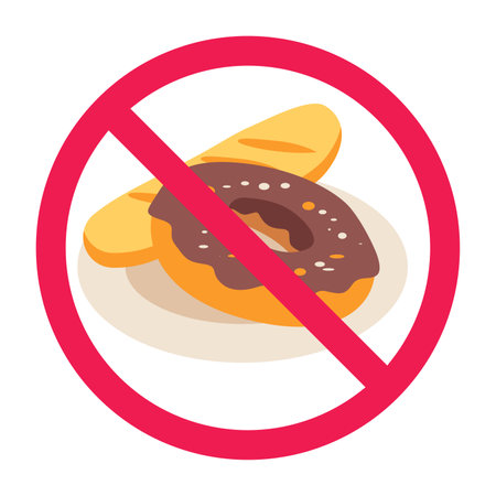 Forbidden sign with bread and donut icon, no bread allowed sign, bread prohibition symbol, do not eat processed flour food symbolのイラスト素材
