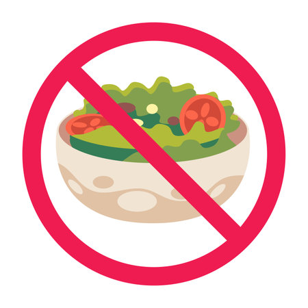 Forbidden sign with vegetable salad food icon, no vegetable salad allowed sign, vegetable salad prohibition symbolのイラスト素材