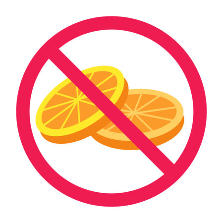 Forbidden sign with orange slices icon, no orange allowed sign, orange prohibition sign, do not eat citrus symbolのイラスト素材