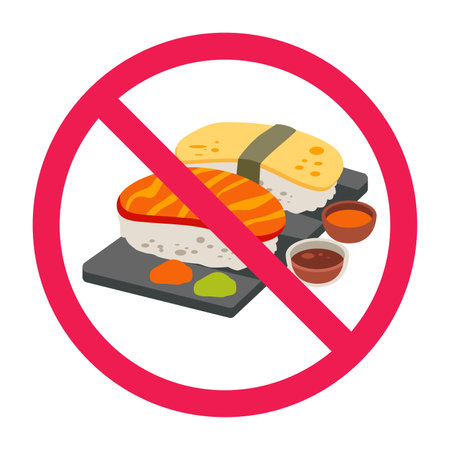 Forbidden sign with sushi japanese food icon, no sushi allowed sign, do not eat sushi symbolのイラスト素材