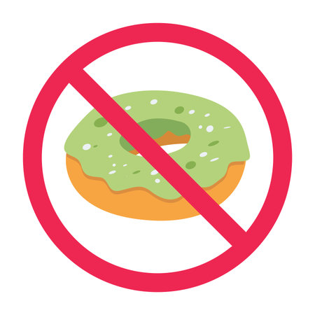 Forbidden sign with donuts icon, no sweets allowed sign, donut prohibition symbol, do not eat donut symbolのイラスト素材