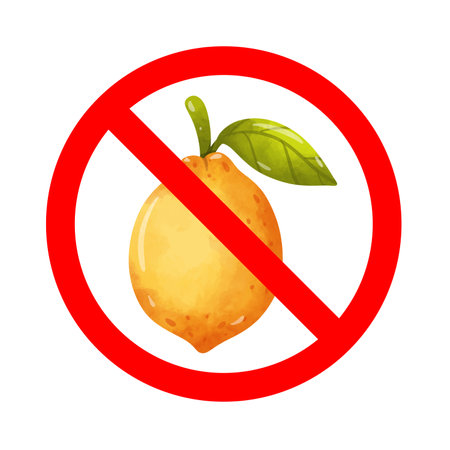 Forbidden sign with lemon fruit icon, no lemon allowed sign, lemon prohibition symbol, do not eat lemon signのイラスト素材