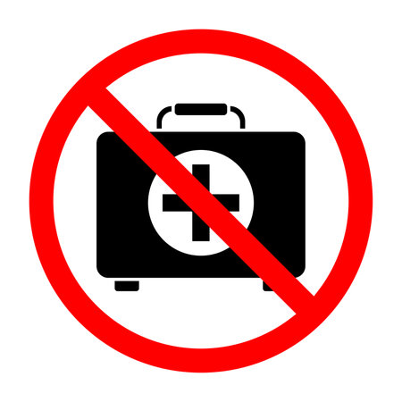 Forbidden sign with first aid kit bag icon, no medicine box allowed sign, first aid kit prohibition symbolのイラスト素材