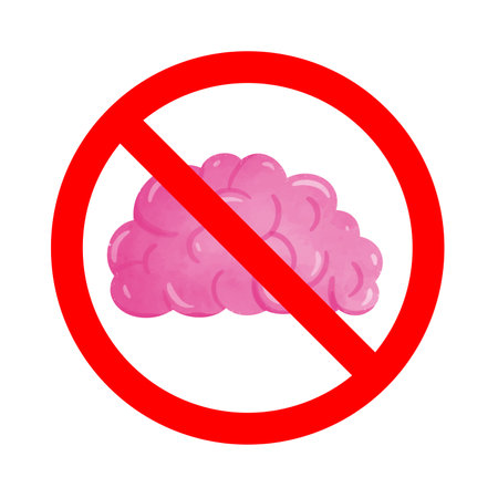 Forbidden sign with human brain icon, no brain organ allowed sign, brain prohibition symbol, do not think signのイラスト素材