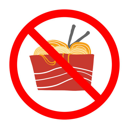 Forbidden sign with cup noodles icon, no noodles allowed sign, noodle prohibition symbol, do not eat noodles signのイラスト素材