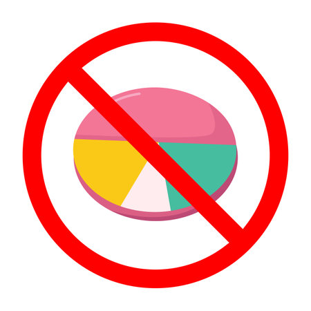 Forbidden sign with pie chart graph icon, no pie chart allowed sign, circle chart prohibition sign, don't use pie charts for data analysisのイラスト素材
