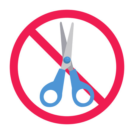 Forbidden sign with scissors icon, no scissors allowed sign, scissor prohibition sign, do not use sharp objects symbolのイラスト素材