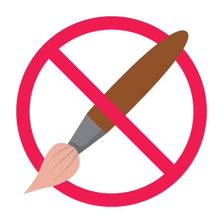 Forbidden sign with artist paint brush icon, no drawing brush allowed sign, paint brush prohibition sign, do not use art brushes symbolのイラスト素材
