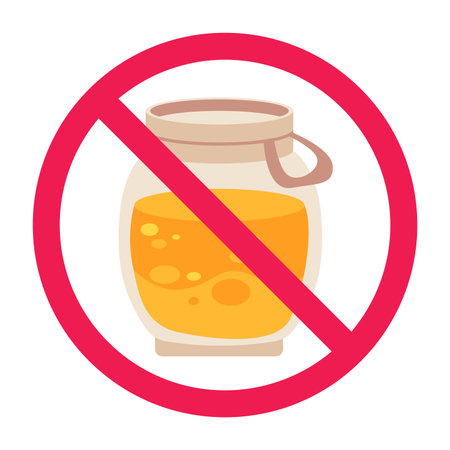 Forbidden sign with honey jar icon, no honey allowed sign, honey prohibition sign, do not eat honeyのイラスト素材