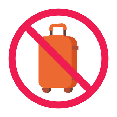 No travel bag sign, forbidden travel bag sign, no spinner luggage allowed icon, rolling suitcase forbidden sign vector, wheeled luggage not allowed symbolのイラスト素材