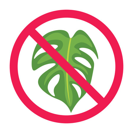 No monstera leaf sign, forbidden monstera plant sign, monstera with red crossed circle symbol, no monstera plant vector, plant decor restriction iconのイラスト素材