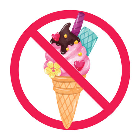 No ice cream sign, forbidden ice cream sign, ice cream cone with red crossed circle, do not eat ice cream sign, no sweet treat warning signのイラスト素材