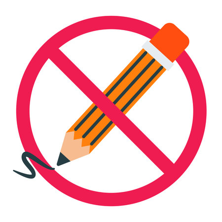 No scribble sign, forbidden pencil sign, pencil with red crossed circle, prohibited scribbling symbol, do not write or scribble sign, no drawing allowed iconのイラスト素材
