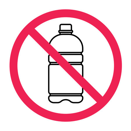 No water bottle sign, plastic bottle with red crossed circle, forbidden drinking bottle symbol, drinking bottle not allowed sign, water container prohibition iconのイラスト素材