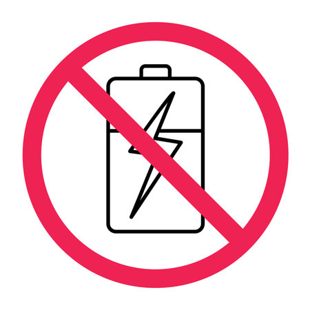 No battery sign, forbidden battery symbol, battery usage prohibited sign, no power cell icon, no lithium battery signのイラスト素材