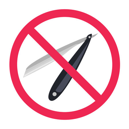 No straight razor sign, forbidden straight razor sign, straight edge razor prohibited symbol, prohibited barber razor icon, forbidden traditional shaving razor iconのイラスト素材