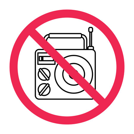 No radio sign, forbidden radio sign, radio device prohibited symbol, radio with red crossed circle iconのイラスト素材