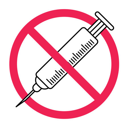 No syringe sign, forbidden syringe symbol sign, red crossed syringe, prohibited injection icon, vaccine not allowed symbol, say no to drugsのイラスト素材