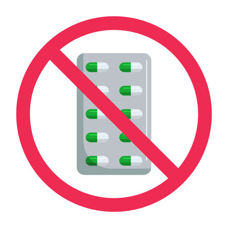 No medicine sign, no medication sign, forbidden medicine sign, medicine blister pack with red crossed circle symbol, no capsule signのイラスト素材