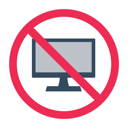 No computer monitor sign, forbidden PC monitor icon, computer screen prohibited symbol, no desktop monitor allowed, forbidden office screen symbolのイラスト素材