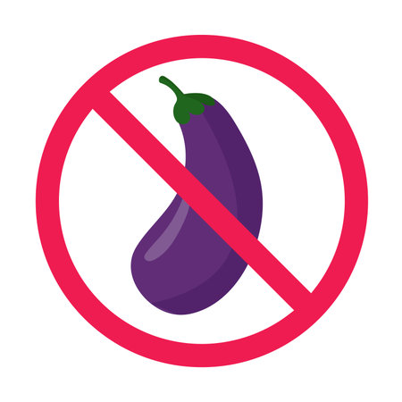 No eggplant sign, forbidden eggplant vegetable sign, aubergine allergy warning, flat vector illustrationのイラスト素材