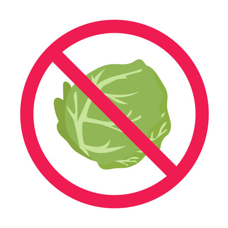 No cabbage sign, forbidden cabbage vegetable sign, green vegetable restriction warning, flat vector illustrationのイラスト素材