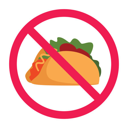 No taco sign, forbidden taco food sign, mexican junk food prohibited symbol, flat vector illustrationのイラスト素材