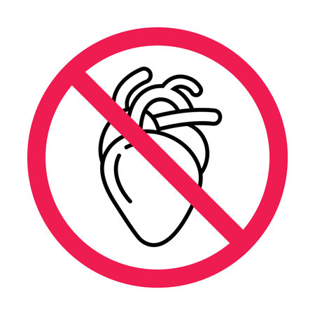 Forbidden sign with heart organ human icon, no heart sign, heart organ prohibited symbol, no cardiovascular icon vectorのイラスト素材