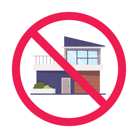 Forbidden sign with modern minimalist house icon, no house sign, modern house prohibited symbol, housing prohibition iconのイラスト素材