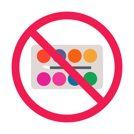 Painting palette prohibition sign, no color mixing icon,  forbidden sign with color palette for painting, art supply prohibited symbol vectorのイラスト素材