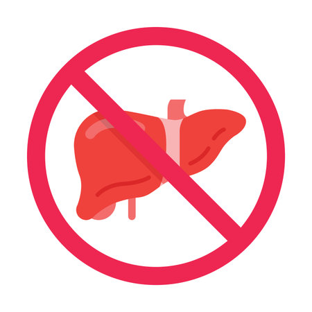 Forbidden sign with liver organ icon, no liver sign, digestive gland prohibited symbol, hepatic organ ban, flat vector illustrationのイラスト素材