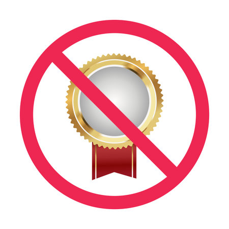 No gold medal sign, award badge prohibited symbol, forbidden golden badge icon, flat vector illustration clipartのイラスト素材