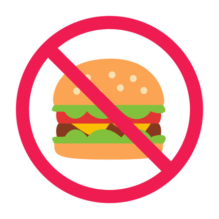 No burger sign, forbidden burger sign, hamburger prohibition symbol, no junk food symbol, unhealthy fast food prohibited icon, flat vector illustrationのイラスト素材