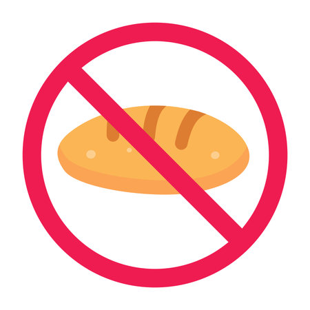 No bread sign, do not eat bread symbol, carbohydrate restriction vector, prohibited bakery product symbol, health diet warning, flat vector illustrationのイラスト素材