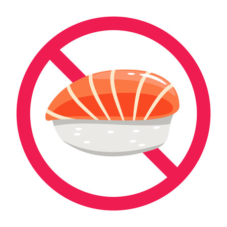 No sushi sign, sushi prohibited sign, do not eat sushi symbol, do not eat raw food icon, flat vector illustrationのイラスト素材