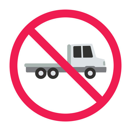 No truck sign, forbidden sign with flatbed truck icon, flatbed lorry prohibited symbol, flat vector illustrationのイラスト素材
