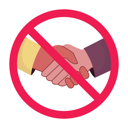 No handshake sign, forbidden handshake sign, handshake prohibited symbol, no handshaking allowed, do not handshake sign, red crossed circle, flat vector illustrationのイラスト素材