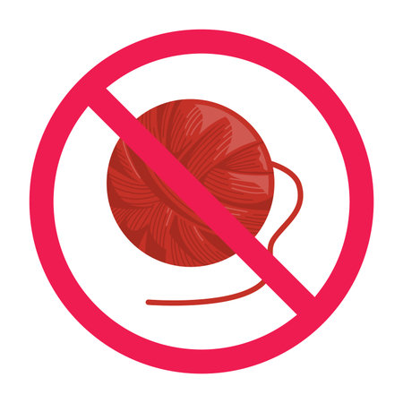 Forbidden sign with knitting yarn ball icon, prohibited wool thread ball symbol, knitting thread restriction warning sign, vector illustrationのイラスト素材