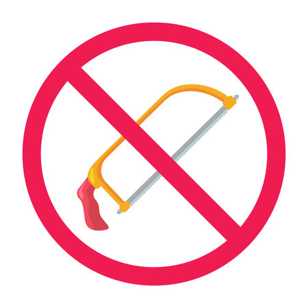 Forbidden sign with saw icon, do not use saw sign, no cutting tool allowed symbol, red crossed circle symbol, flat vector illustrationのイラスト素材
