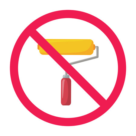 Forbidden sign with paint roller icon, no painting sign, do not paint sign, red crossed circle symbol, vector illustrationのイラスト素材