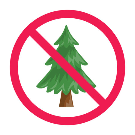 No tree sign, forbidden sign with pine and spruce trees icon, free from tree area sign, red crossed circle symbol, flat vector illustrationのイラスト素材