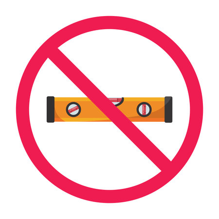 Forbidden sign with waterpass tool icon, no alignment device required, how to find a level surface without using spirit level, construction level tool prohibited signのイラスト素材